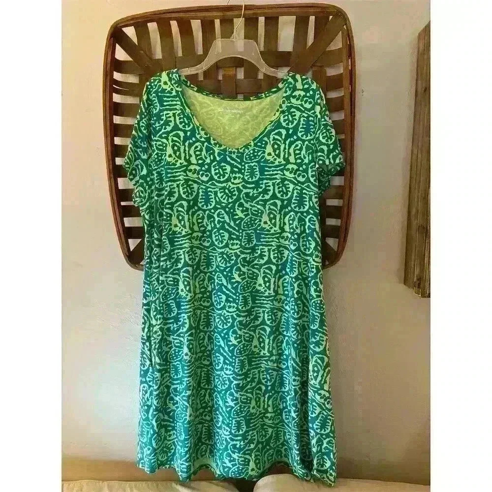 Soft Surroundings Women's 1X Green Palm Leaf Print Dress w/ Pockets